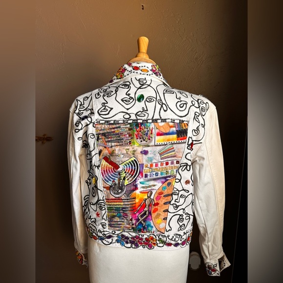 Handmade Upcycled White Denim Jacket Small Artist Embroidered One-of-a-Kind Coat - Picture 3 of 9